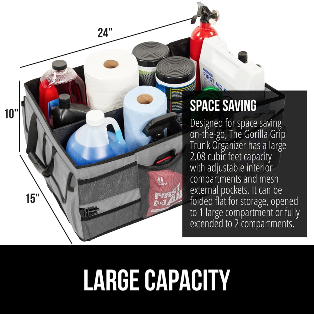GORILLA GRIP Trunk Storage Organizer, Collapsible Container for Car Sedan or SUV, Gray