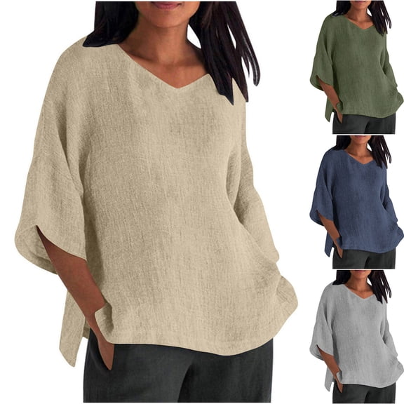 Jsaierl Tops for Women 3/4 Sleeve Cotton Linen Plus Size V Neck Shirts Fashion Solid Ladies Blouses Going Out Holiday Tunic Top S-5XL