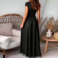 thumbnail image 6 of XVJRHAK Women's Deep V Neck Short Sleeve Long Dresses Pleated High Waist Slit Club Party Evening Maxi Dress (Black,S), 6 of 7