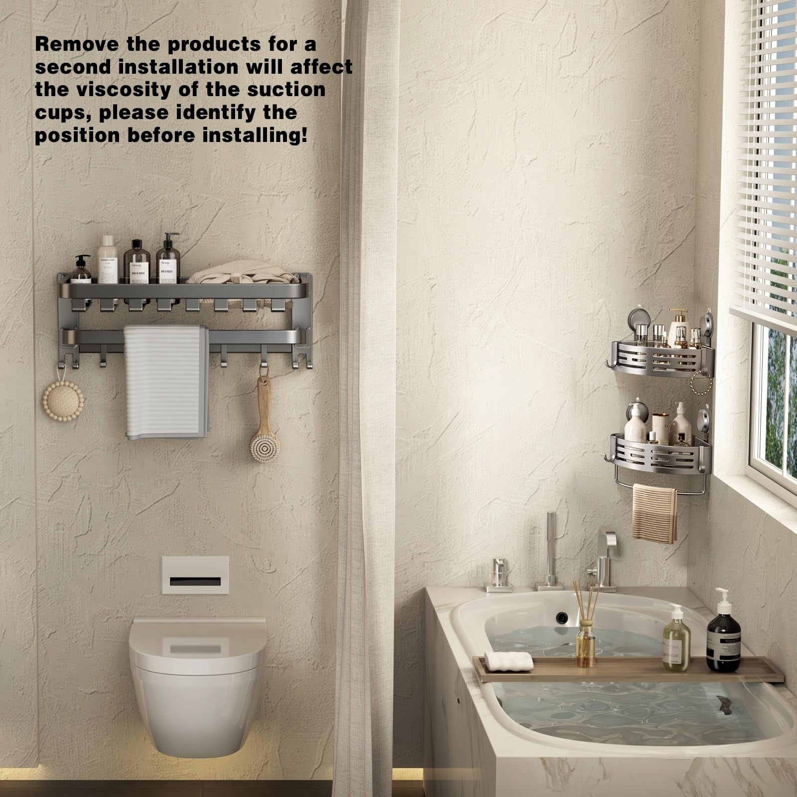 No-Drill Bathroom Corner Shelf Suction Cup Shower Organizer with Towel Bar and Hooks, Durable Corner Shower Shelves Suction Cup for Shampoo Storage in Bathroom Shower