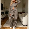 thumbnail image 2 of 2 Piece Women Striped Outfit Button Down Long Sleeve Tops & Wide Leg Pants Teen Fall Casual Fashion Lounge Daily Tracksuit Set, 2 of 7