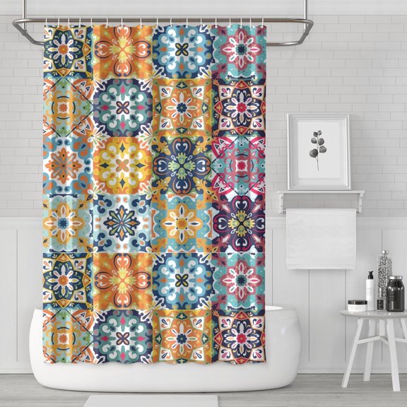 Multicolor Ethnic Floral Pattern Shower Curtain 72"x72" ,Bathroom Decorative Shower Curtains Set with 12 Hooks,Modern Waterproof Washable Shower Curtain