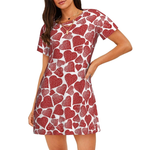 Fotbe Hearts Bata de Dormir para Mujer con Estampado, Camisón de Algodón de Manga Corta, Ropa de Dormir Casual
