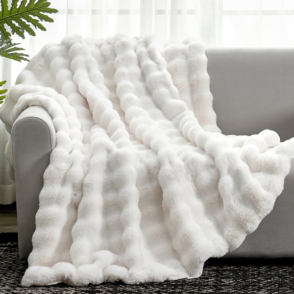 Cozy Bliss Bubble-Textured Faux Fur Throw Blanket, Soft Fluffy Double-Layer Plush Blanket for Couch and Bed, Cream White, 50 x 60 in