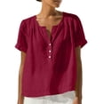 thumbnail image 2 of Craaazy Women's Casual V Neck Blouse, Solid Color Short Sleeve Cotton Linen Top, Loose Fit Comfy Henley Tunic for Daily Wear Gifts, 2 of 9
