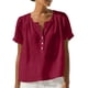 thumbnail image 2 of Craaazy Women's Casual V Neck Blouse, Solid Color Short Sleeve Cotton Linen Top, Loose Fit Comfy Henley Tunic for Daily Wear Gifts, 2 of 9