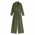thumbnail image 4 of VISALY 2 Piece Linen Sets Women Collared Button Down Long Sleeve Shirts Drawstring Wide Leg Pants 2 Piece Outfit Set Loose Matching Tracksuit Summer Boho Beach Vacation Casual Outfits Army Green L, 4 of 4