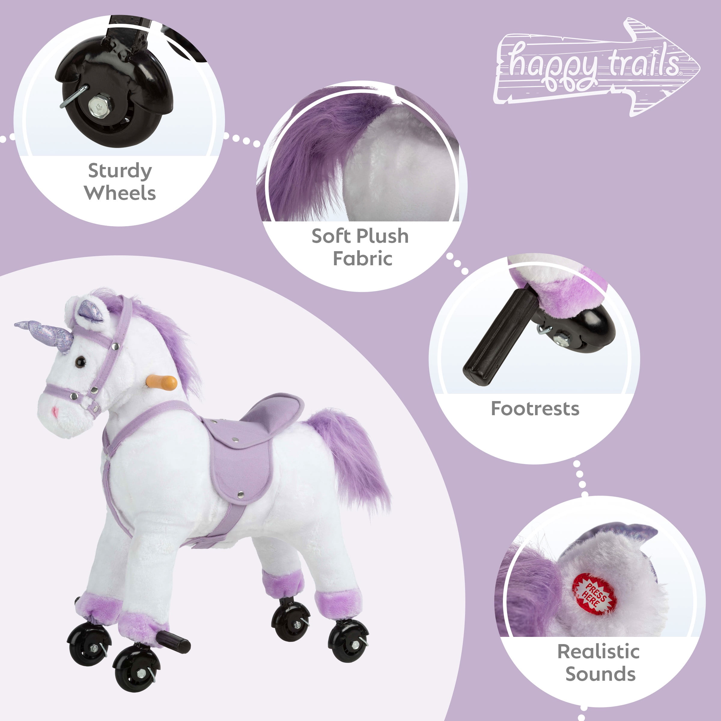 Happy Trails Ride on Horse - Walking Unicorn Toys with Wheels and Sounds