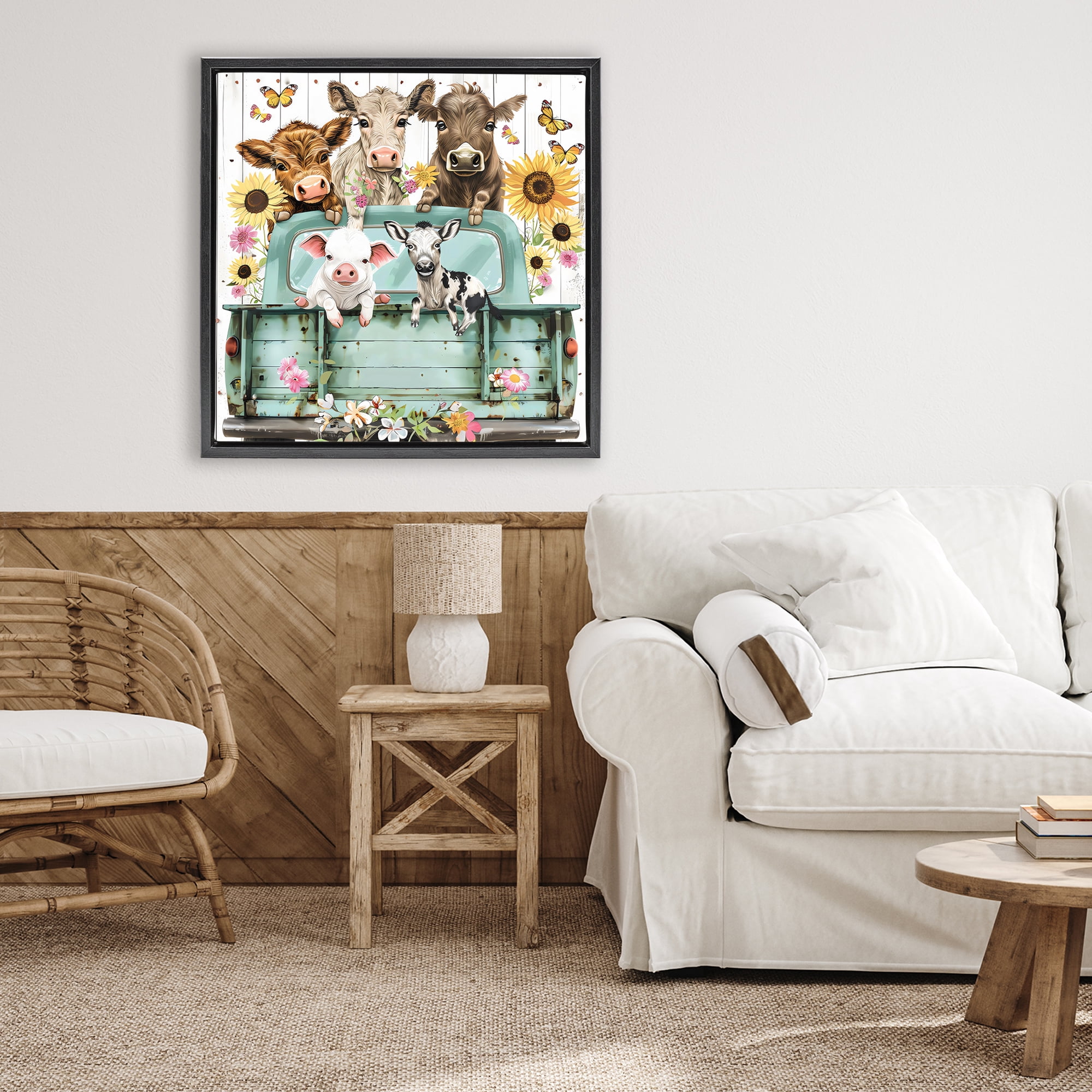 Stupell Industries Barnyard Friends in Vintage Truck Black Framed Floater Canvas Wall Art, design by Creative Studio