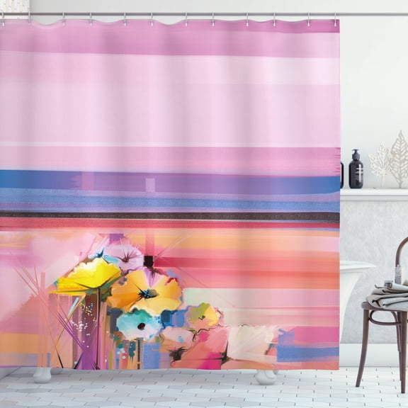 Gerber Daisy Shower Curtain, Abstract Fine Art with Summer Nature Flowers Colorful Lays Creative Artwork, Fabric Bathroom Set with Hooks, 69W X 70L Inches, Multicolor, by Ambesonne