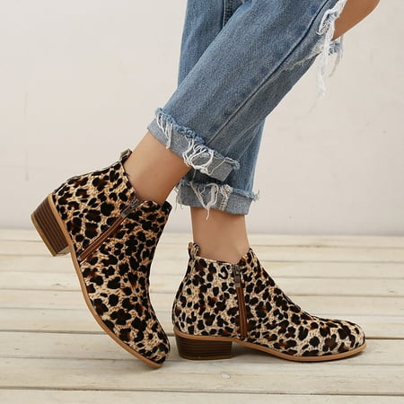 

Aueoeo Womens Ankle Boots Booties For Women Low Heel Fashion Women Square Flat With Buckle Strap Leopard Mid Boot Keep Warm Snow Boots