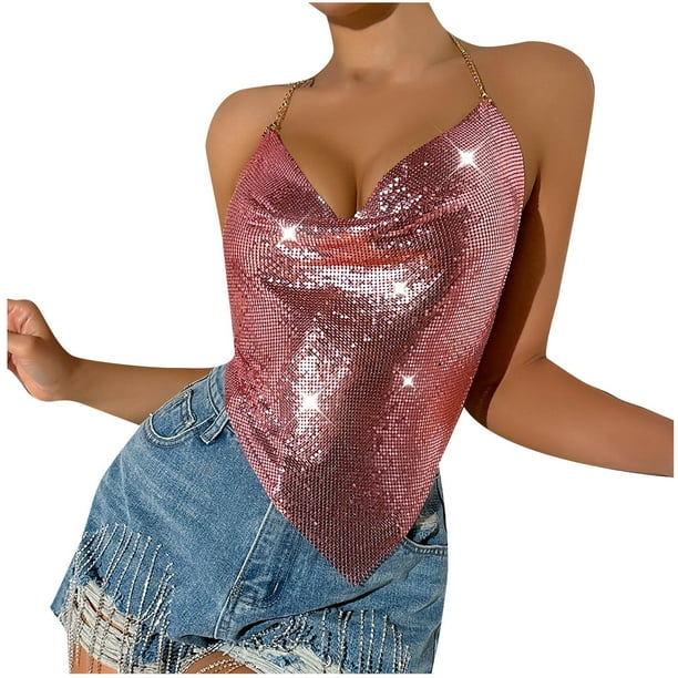 Bigersell Sequin Crop Tops for Women Sparkly Halter Neck Cropped