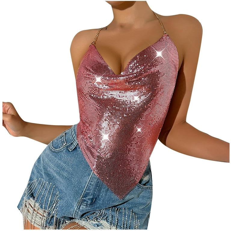 Honeeladyy Womens Shiny Rhinestone Backless Halter Crop Top Chain