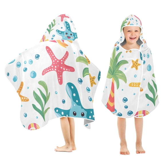 Cartoon Sea Stars Palm Tree Kids Hooded Beach Towel Baby Bath Poncho Towels with Hood Absorbent 50"x23.5" for Pool Swimming