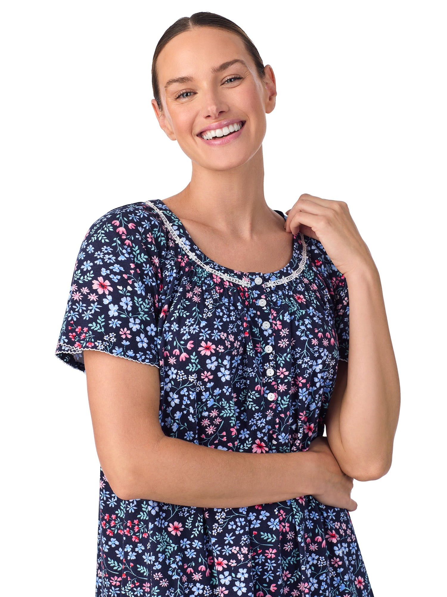 Aria Women's 100% Cotton Raglan Sleeve Smocked Neck Sleepwear 40" Gown, Sizes XS-5X