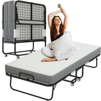 Folding Bed with Mattress 75" x 46" for Adults Folded Bed, Rollaway Guest Bed Portable Foldable Extra Bed Daybed with 5" Memory Foam Mattress Space-Saving Sturdy Metal Grid Frame