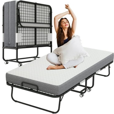 Folding Bed with Mattress 75" x 46" for Adults Folded Bed, Rollaway Guest Bed Portable Foldable Extra Bed Daybed with 5" Memory Foam Mattress Space-Saving Sturdy Metal Grid Frame