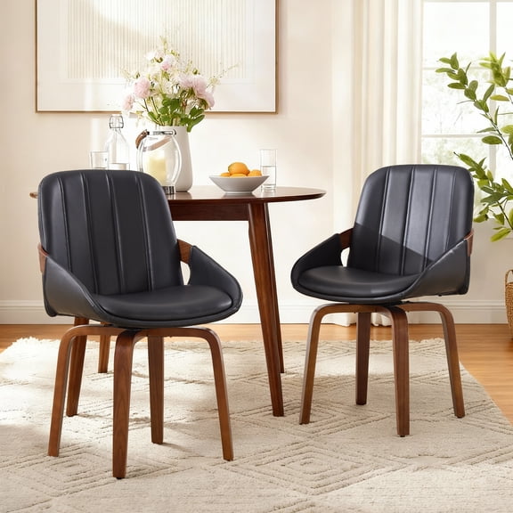 TEWLOSS Swivel Dining Chair Set of 2, Black PU Leather Mid Century Kitchen Chairs