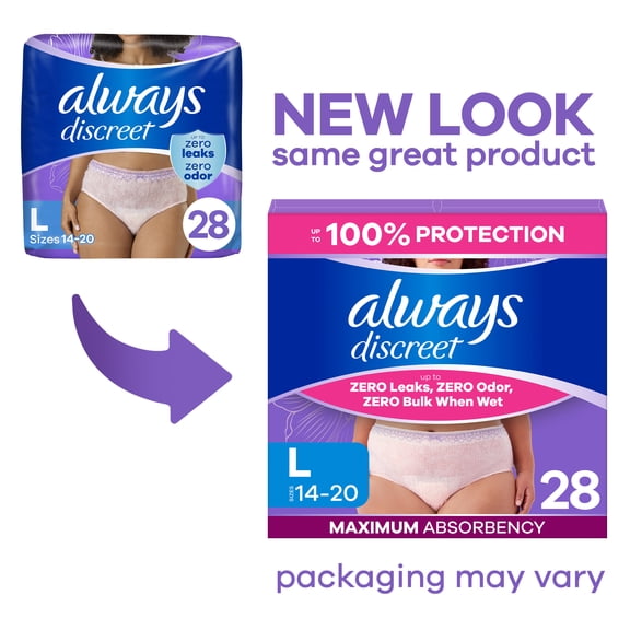 Always Discreet Incontinence Underwear for Women Maximum Absorbency, L, 28 Ct