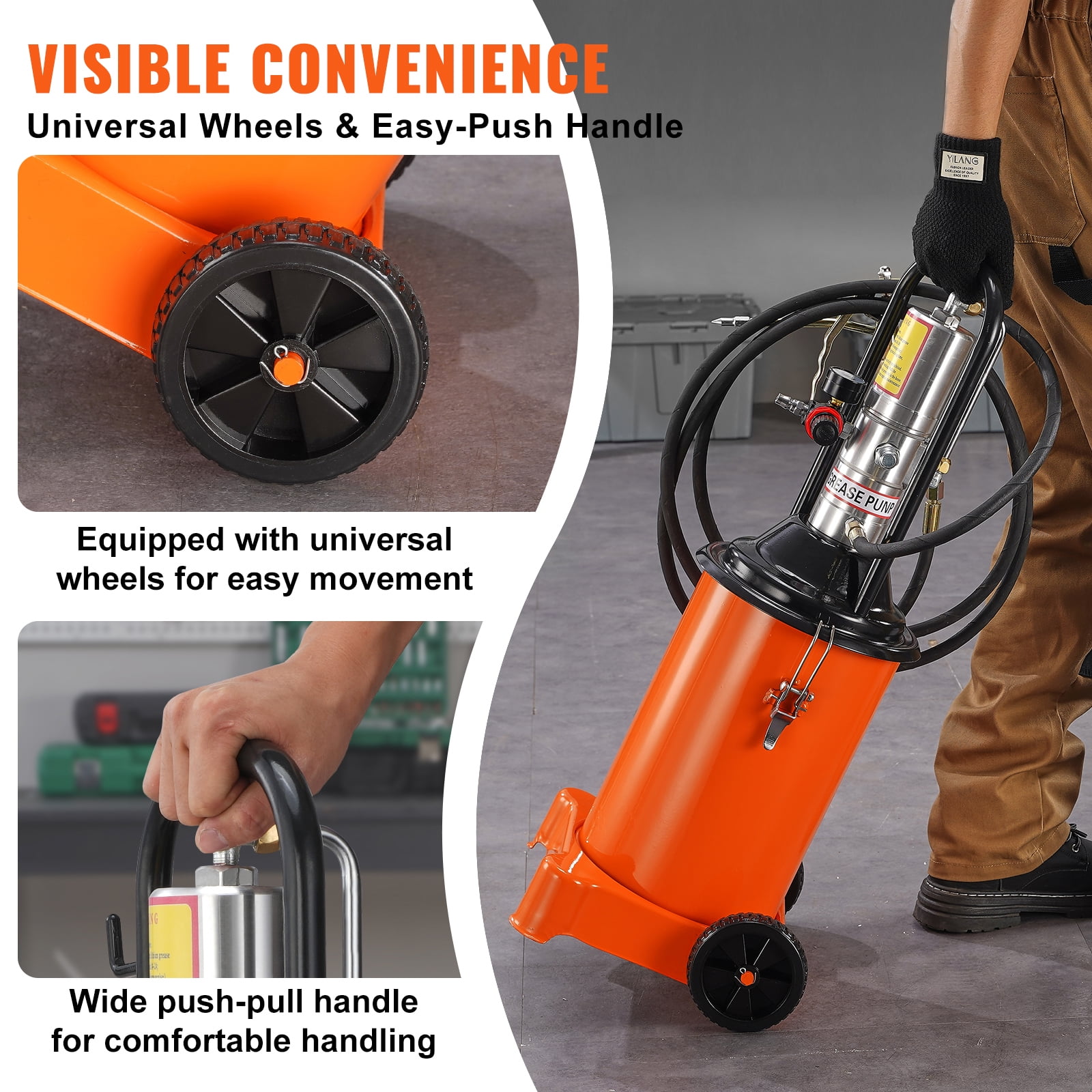 KFFKFF Lubrication Pump, 3 Gallon 12L, Pneumatic Grease Pump with 13 ft Pressure Hose and Grease Gun, Air Powered Grease Drum Pump with Wheels, Mobile Grease Pump with 50:1 Pressure Ratio