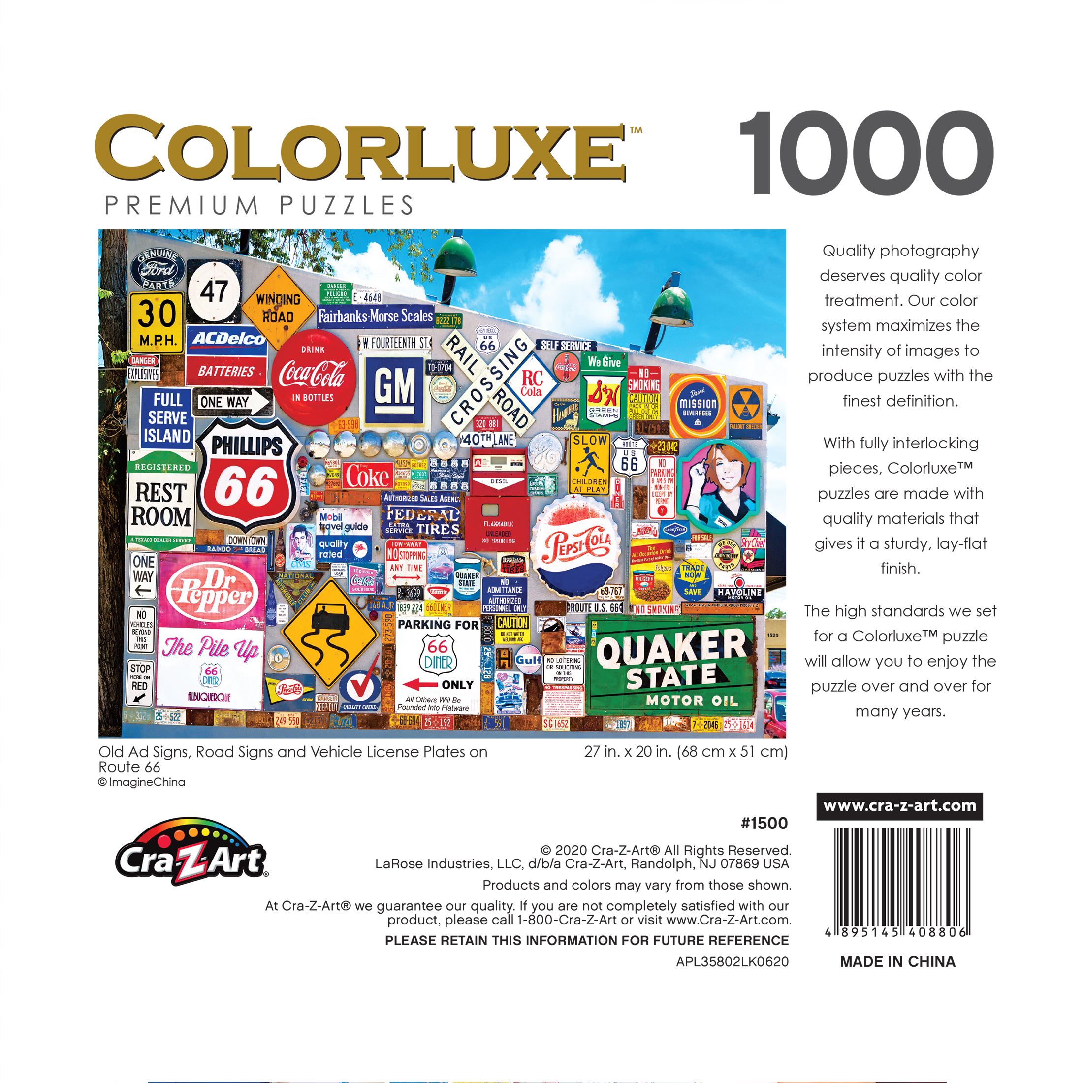 Roseart Colorluxe 1000 Piece Old Ad Signs, Road Signs and Vehicle License Plates on Route 66 Adult Interlocking Jigsaw Puzzle