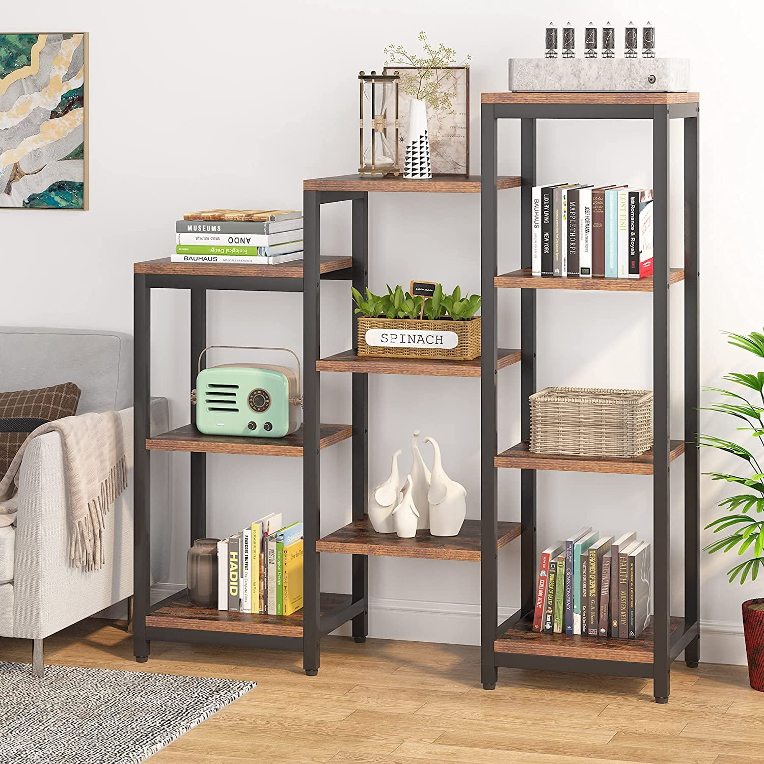 4-Tier Industrial Ladder Corner Bookshelf 9 Cubes Stepped Etagere Home Bookcase 