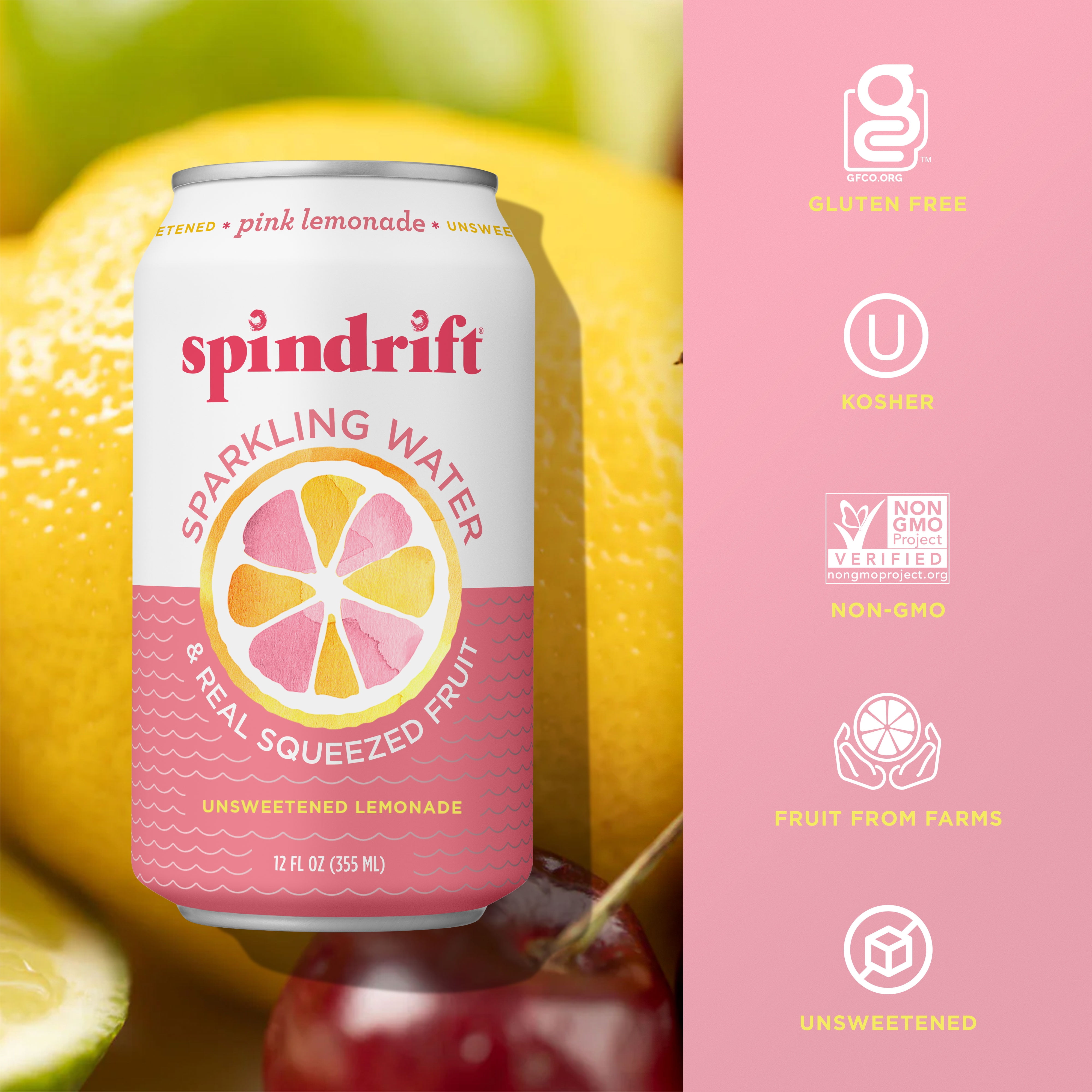 (3 pack) Spindrift Sparkling Water, Pink Lemonade, Made with Real Squeezed Fruit, 12 fl oz, No Sugar Added, 10 Calories per Can