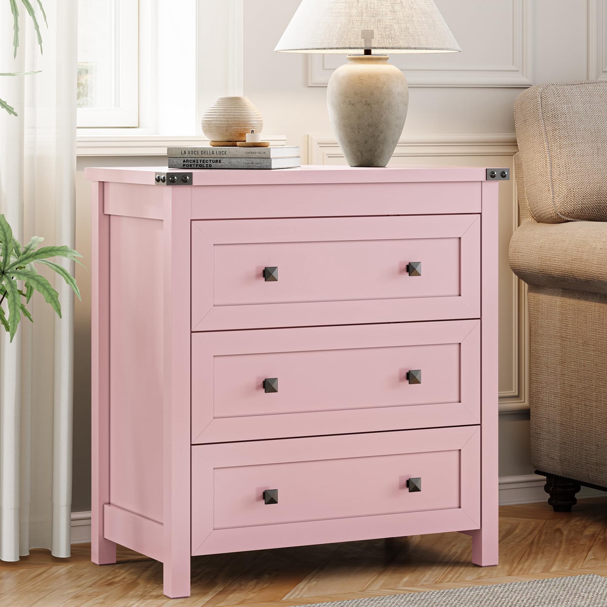FANRAL Nightstand Set of 2,3 Large Drawer,29.5" Tall Night Stand,27.5" Wide Side Table,Wood Bedside Table Modern End Table,Small Wide Dresser for Bedroom,Pink Nightstand
