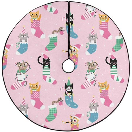 ZHANZZK Pink Christmas Stocking Cats Xmas Christmas Tree Skirt Stand Mat for Holiday Party Decoration Indoor Outdoor 48 inches