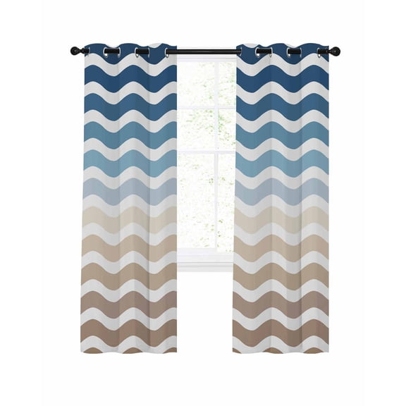 Navy Blue Brown Ombre Moire Blackout Curtains, Light Blocking Print Window Curtains, Water Ripple Stripe Farmhouse Thermal Insulated Window Drapes for Living Room 2 Panels, 104"W x 63"L