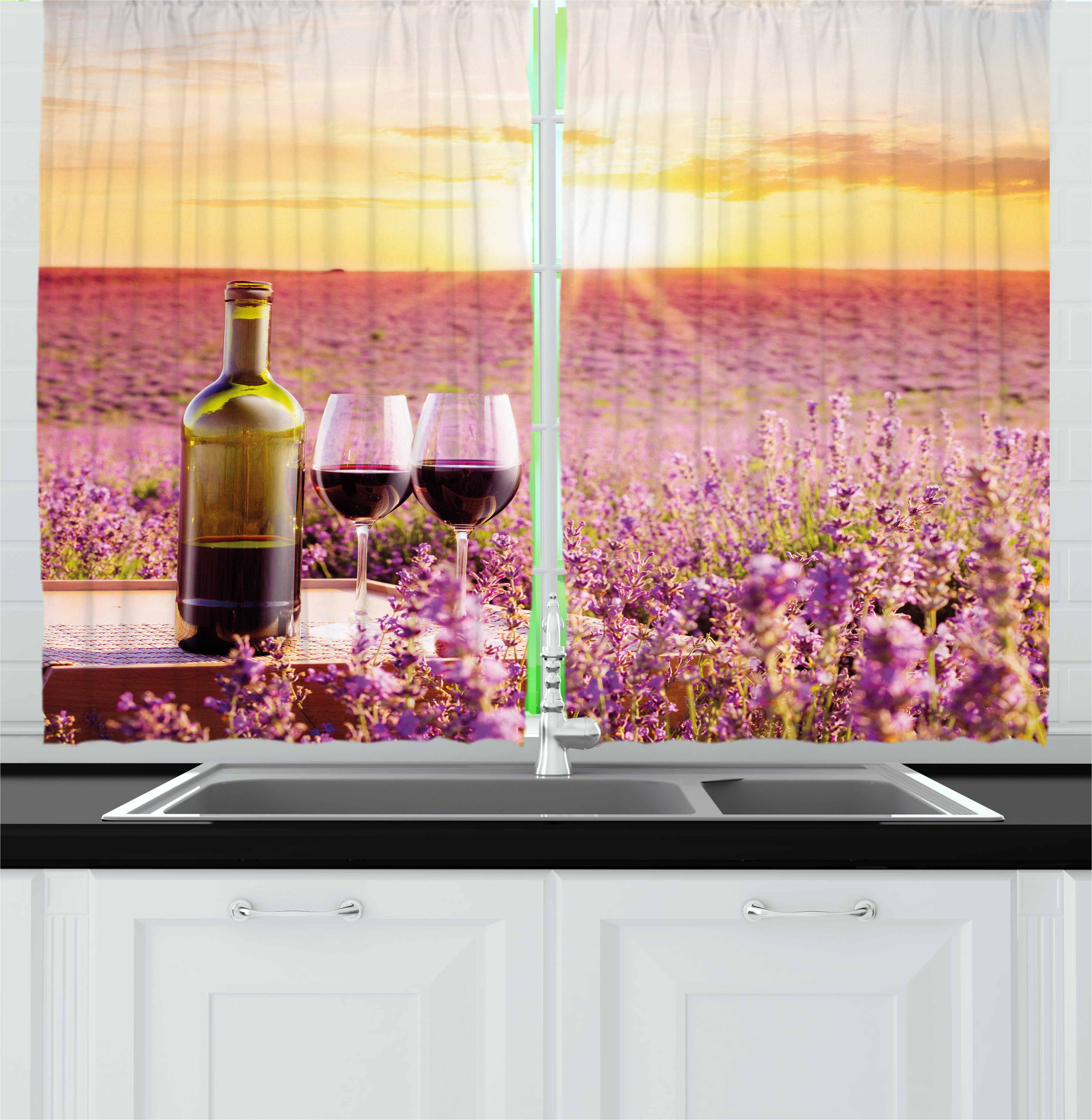 Wine Curtains 2 Panels Set, Bottle of Wine against Blossoming Lavender