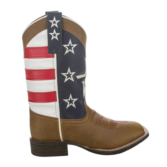 TuffRider Children's American Cowboy Western Boot- 1- Brown-red,white,blue With Free Assorted Striped Socks