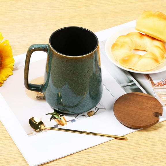 Large Ceramic Coffee Mug with Spoon and Wood Lid 24 OZ Coffee Cup Large Handle Design Tea Cup Microwave and Dishwasher Safe Mug for Coffee Tea Cocoa Milk