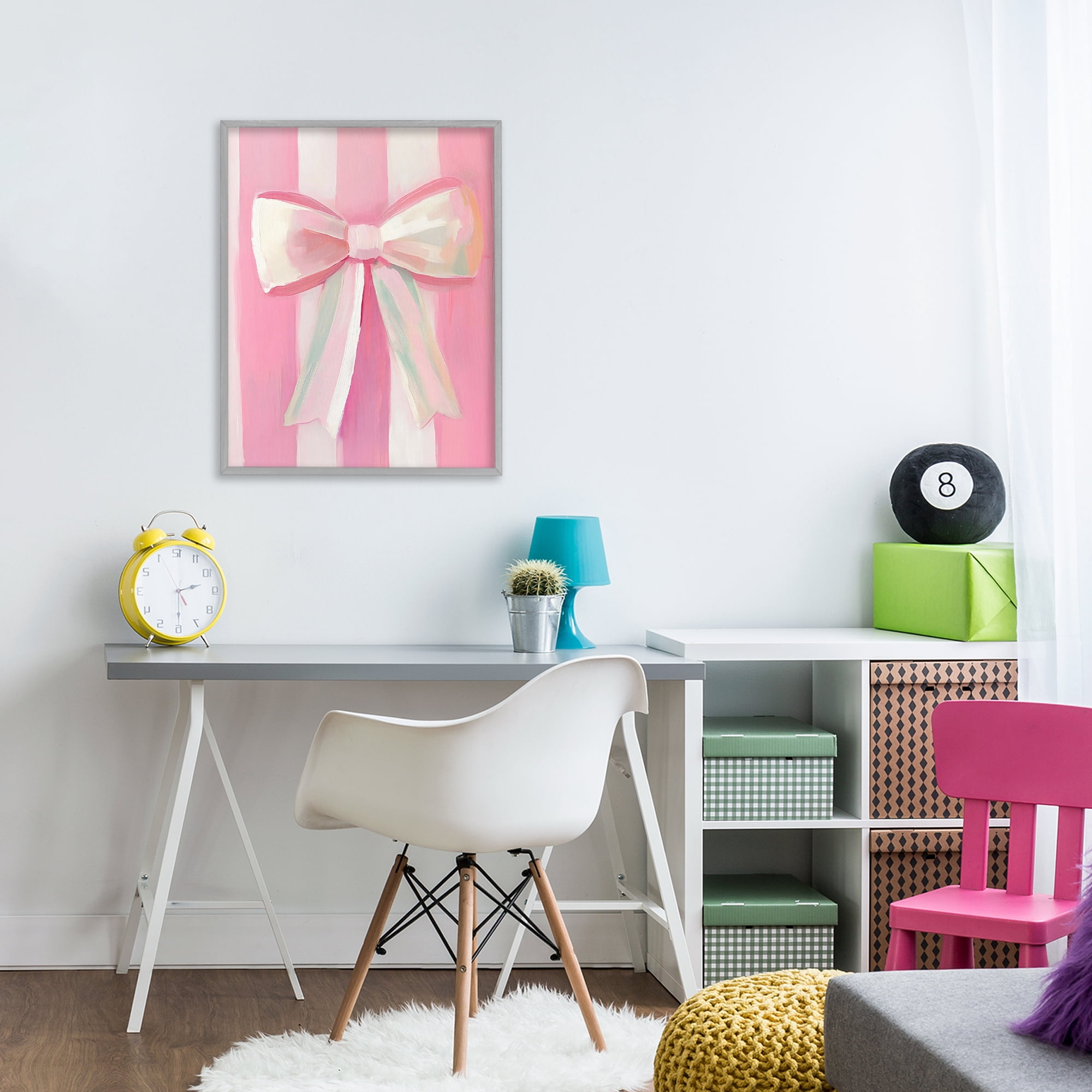 Stupell Industries Preppy Pink Bow on Stripes Gray Framed Giclee Art, design by The Prints Vibe