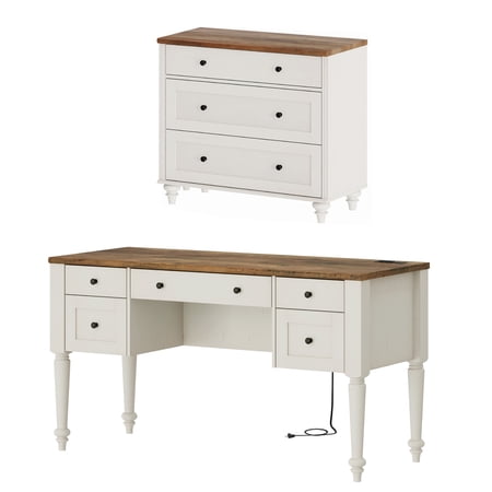 White Home Office Furniture Set 56 Executive Desk with Charging Station Farmhouse Cabinet with 3 Wooden Drawers Wood Computer Desk with File Cabinet Storage Open Shelf
