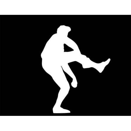 ND094W Baseball Righthanded Pitcher Leg In Air Decal Sticker | 5.5-Inches By 4.7-Inches | Car, Truck Van SUV Laptop Macbook Decal | White
