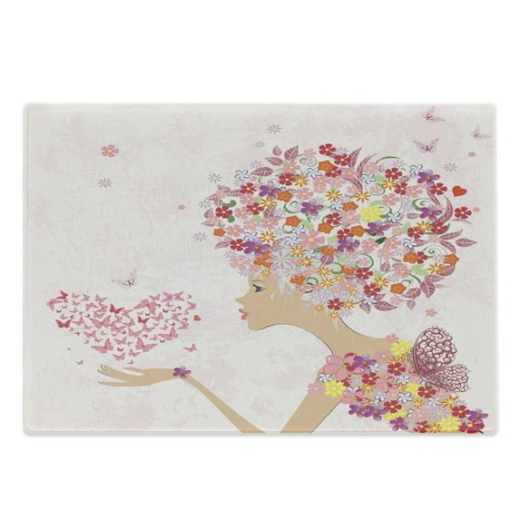 Pink Cutting Board, Fashion Flowers Girl with Heart of Butterflies Wings Spring Theme Hand Drawn, Decorative Tempered Glass Cutting and Serving Board, Large Size, Multicolor, by Ambesonne