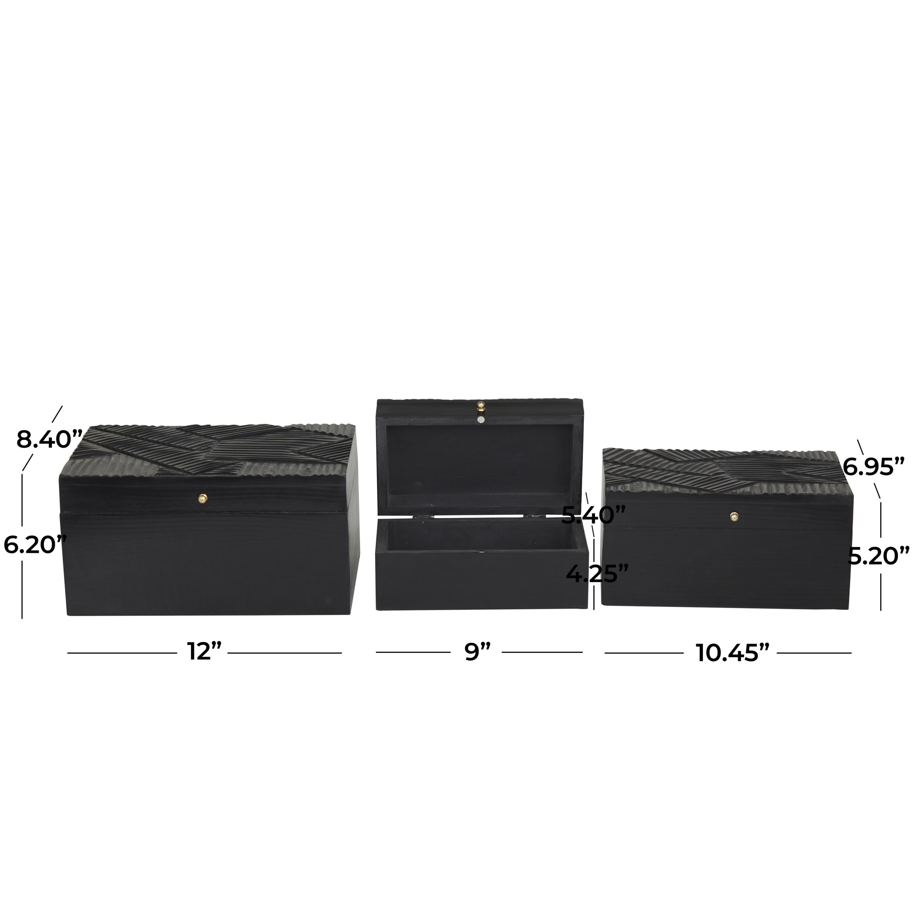 DecMode Intricate Carved Black Wood Decorative Box with Hinged Lid, 3 Count