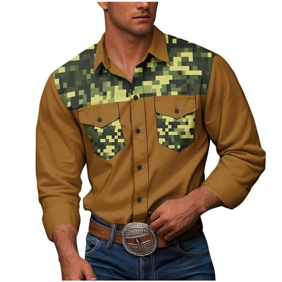 RongHuan Big and Tall Camo Shirt Mens Lightweight Patchwork Long Sleeve Work Shirts Fashion Lapel Overshirt Button Up Tops with Pocket