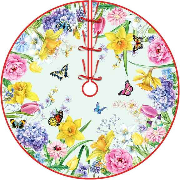 Spring Floral Christmas Tree Skirt 36 Inch Garden Butterfly Flowers Mat Summer Tree Decoration Spring Holiday Party Supplies Festive Rustic Farmhouse Indoor Outdoor Ornaments