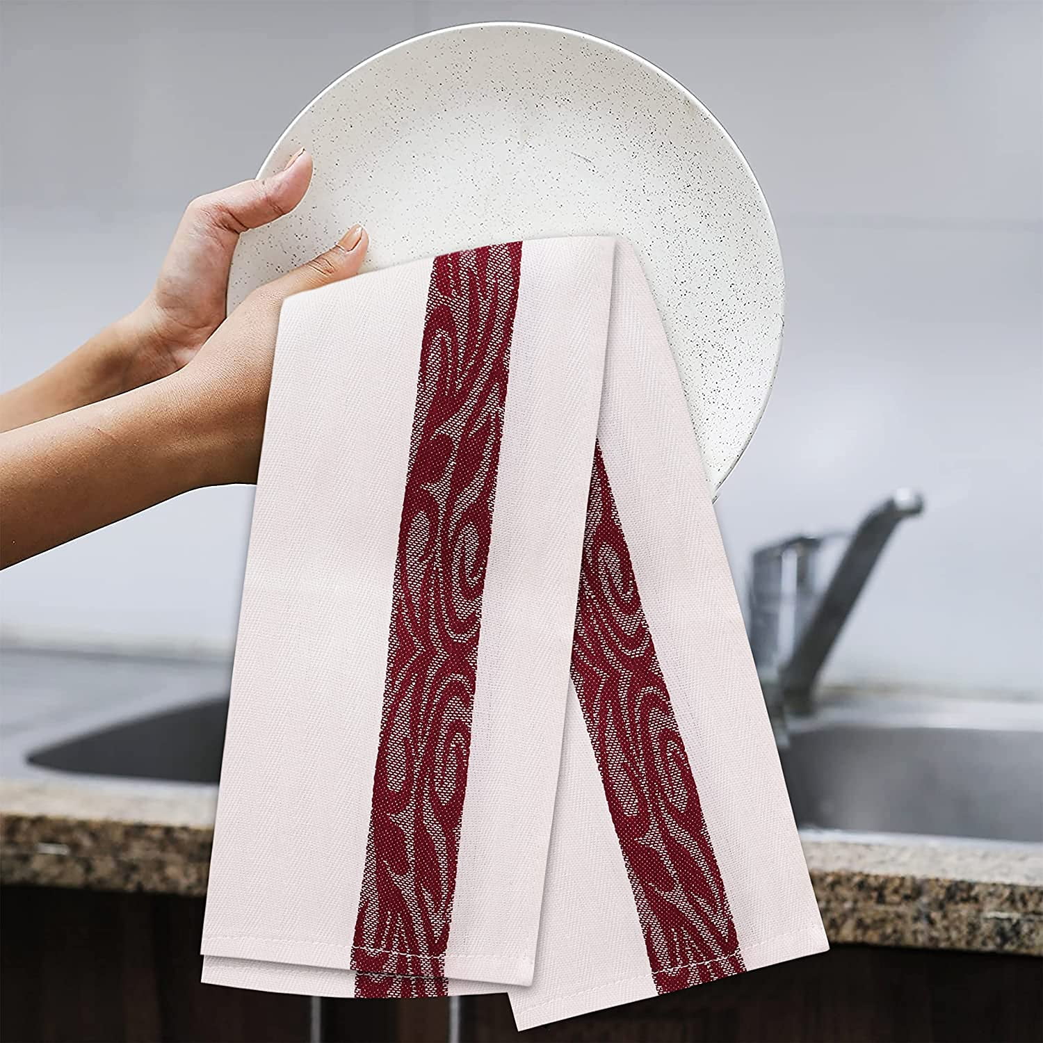 (3 pack) RUVANTI 100% Cotton Kitchen Towels Jacquard, Dish Towels for Kitchen, Washable Dish Cloths, Soft Tea Towels, Super Absorbent for Cleaning, Dishcloth for Quick Drying, 16x26, 12 Pack – Burgundy & Whit