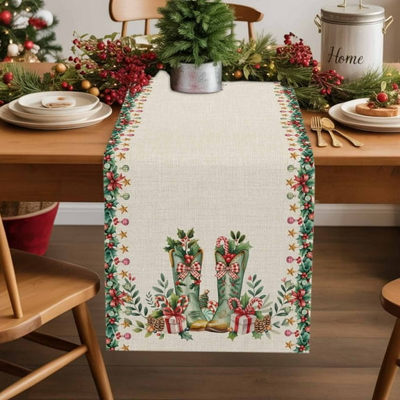 Christmas Western Farm Boots Table Runner 18x72in Non-Slip Cotton Linen Table Runners, Green on Retro Beige Dresser Scarves TableRunner for Dinner Kitchen Dining Wedding Party