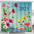thumbnail image 1 of Vibrant Floral Shower Curtain with Butterflies Colorful 2025 Design on Teal Background, 1 of 4