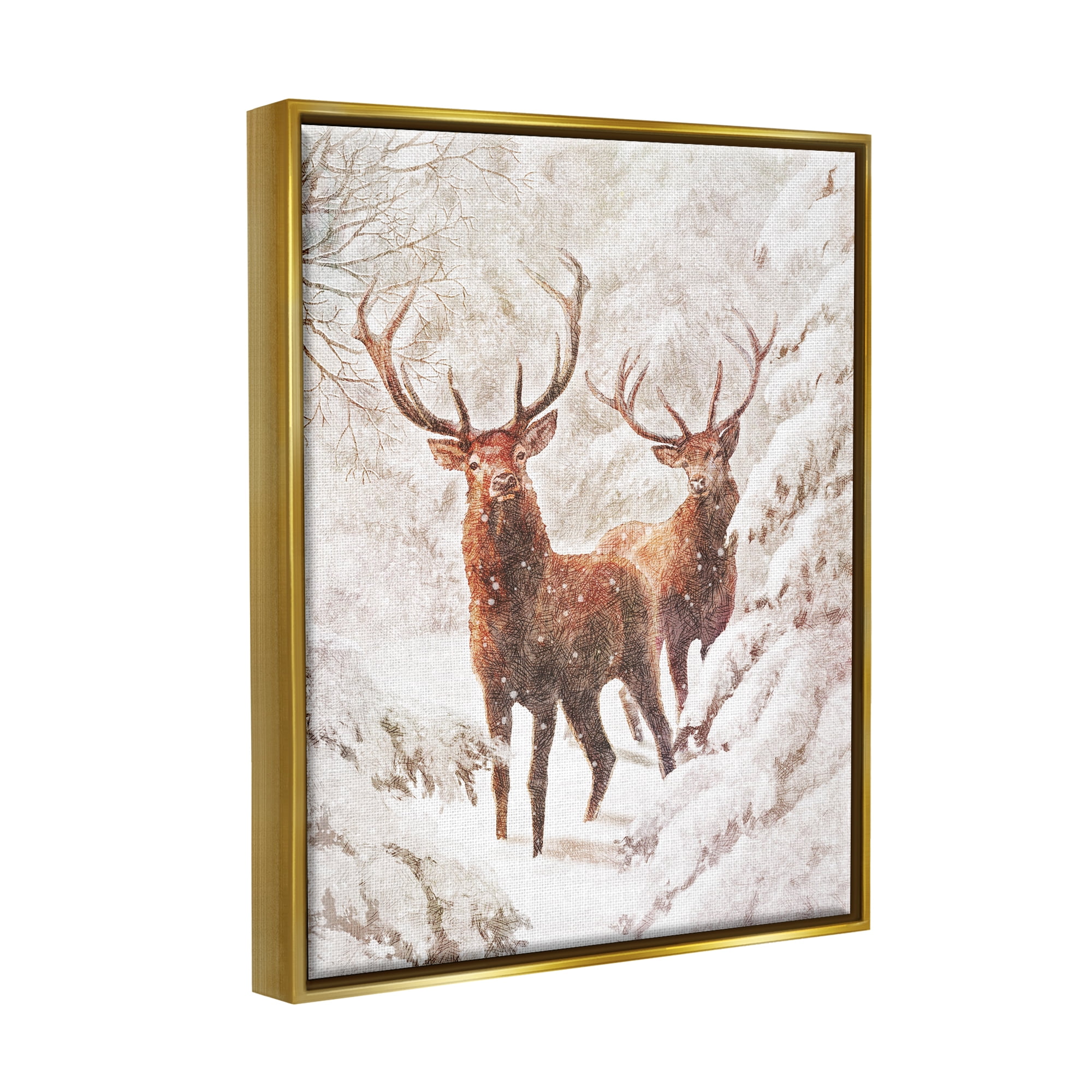 Stupell Industries Elks Snowy Forest Wildlife Holiday Painting Gold Floater Framed Art Print Wall Art