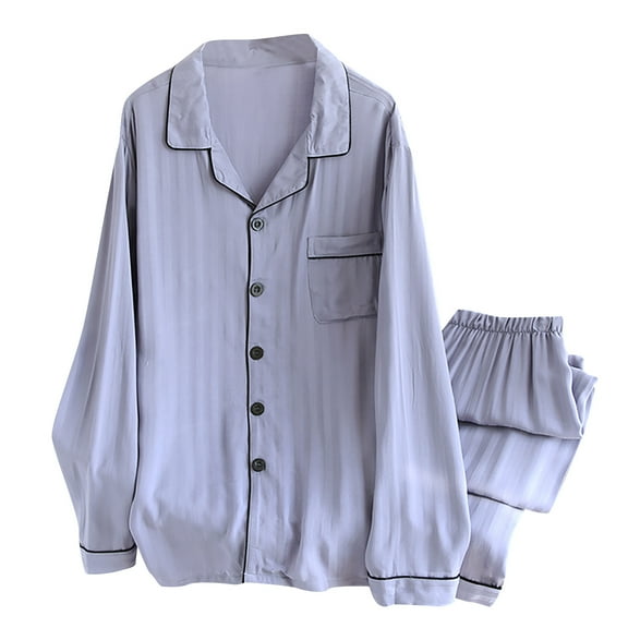 Elainilye Fashion Pajama Sets for Men Casual Solid Lace-up Cardigan Pajamas Cotton Crepe Cropped Sleeve Pants Loungewear Set,Purple