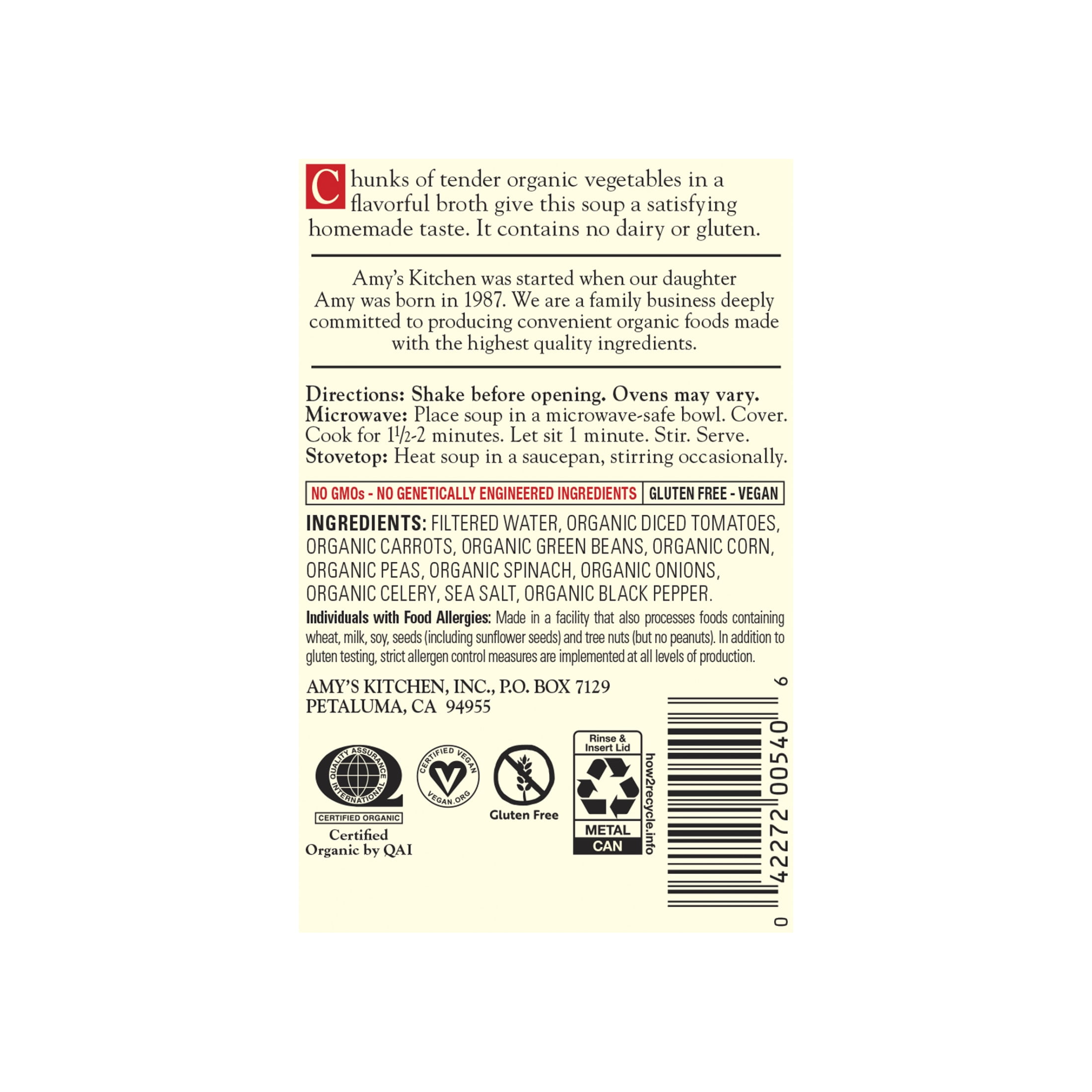 (4 pack) Amy’s Soup, Organic Chunky Vegetable Soup, Gluten Free, Made With Organic Vegetables, Canned Soup, 14.3 Oz