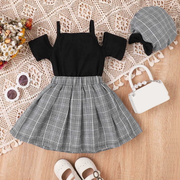 Vedolay Skirts For Girl Trendy Toddler Girl's 2 Piece Outfit Bow Front Short Sleeve Tee and Plaid Pleated Aline Skirt Set,Black 6-7 Years