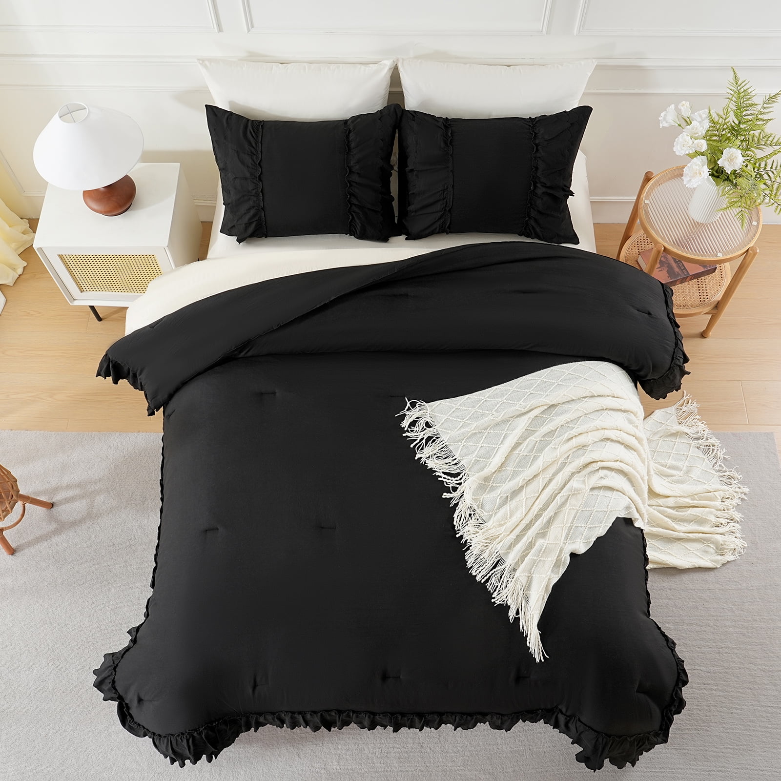 Ruffle Comforter Set Queen Size,Shabby Chic Boho Bedding Sets, Soft Fluffy Comforter Sets for All Season,Vintage Ruffled 3 Pcs Microfiber Lightweight Quilt Set for Home Decor