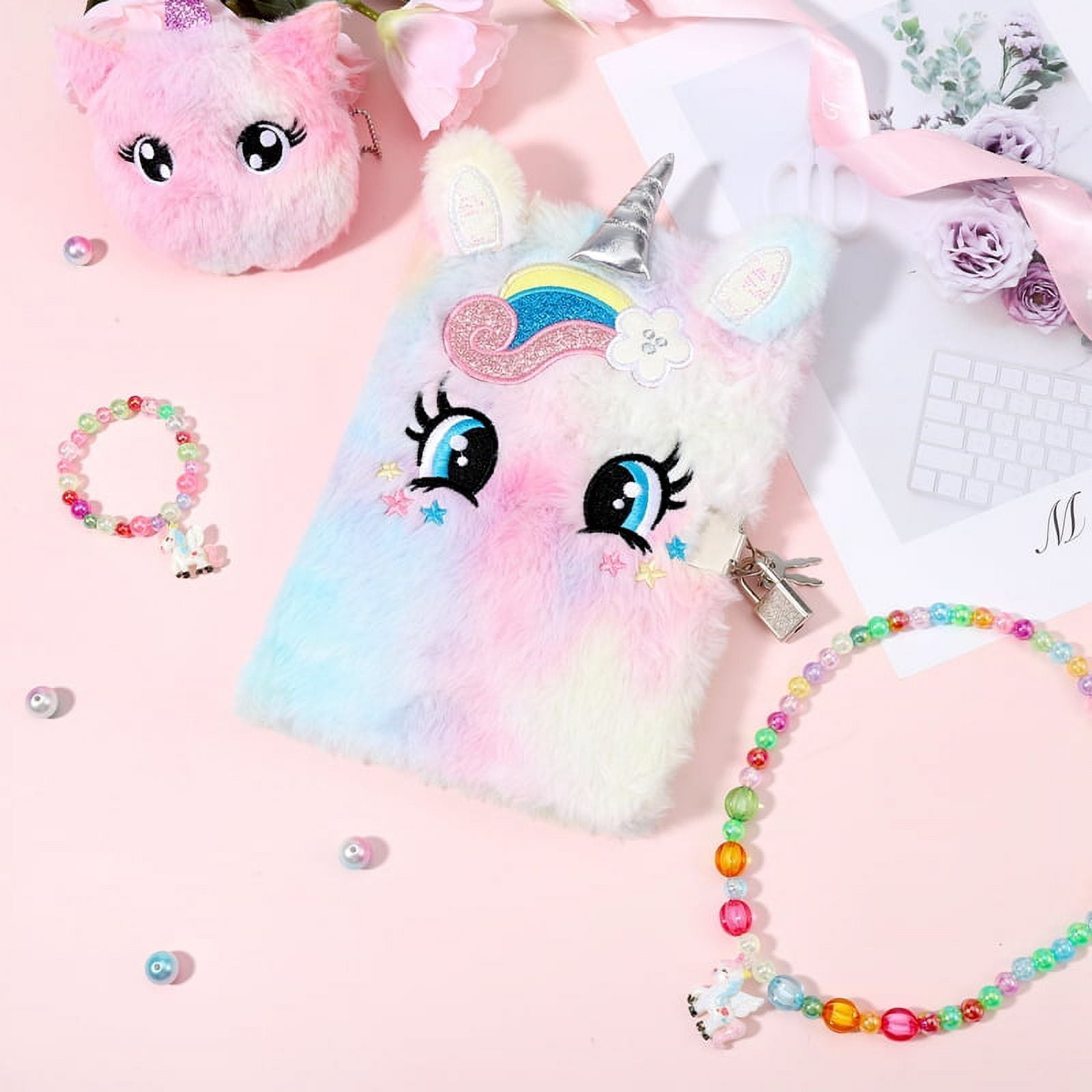 LUIISIS Unicorn Diary for Girls with Lock and Keys, Tie-Dye Fuzzy