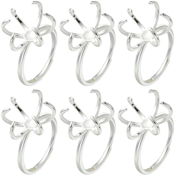 1 Box 6Pcs 6 Claw Ring Blanks Sterling Silver Plated Brass Adjustable Ring Settings Prong Finger Components for Jewelry Making Supplies DIY Crafting